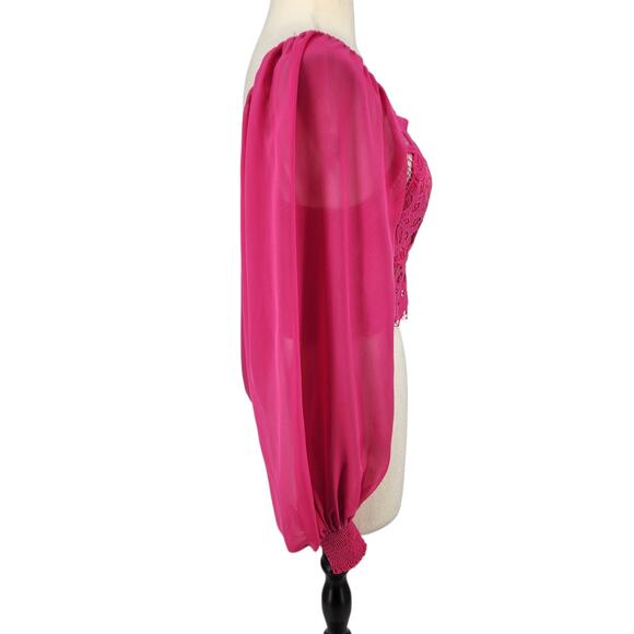 Flying Tomato Lace Crop Top – Hot Pink Sheer Long Sleeve with Smocked Back - Picture 5 of 7